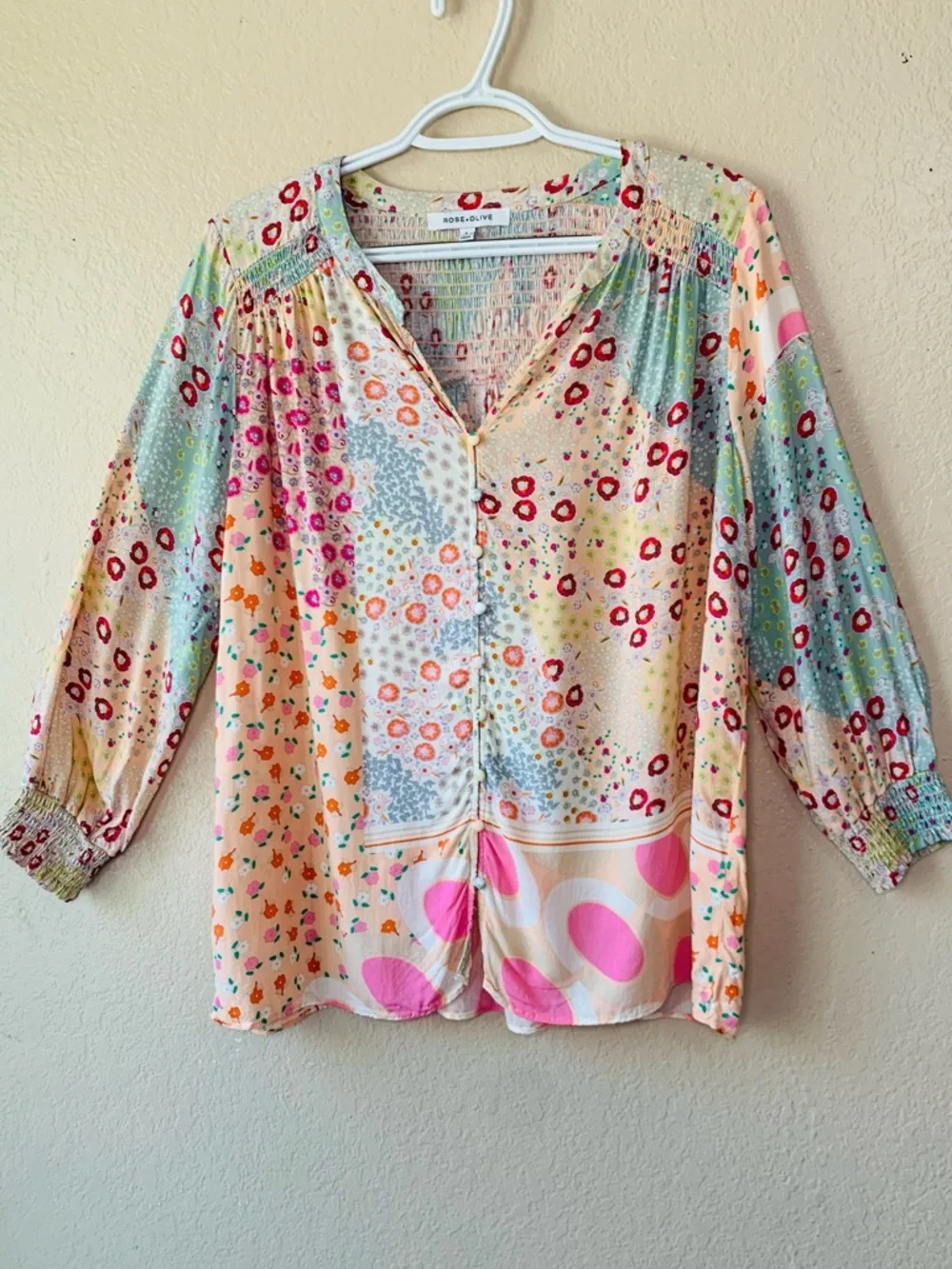 Rose & Olive Floral Mixed Media Smocked Cottagecore Boho Blouse Size L - Picture 2 of 8